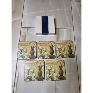 Pimpernel Coasters Set of 5 White Iris Floral Cork Back Made in England Vintage